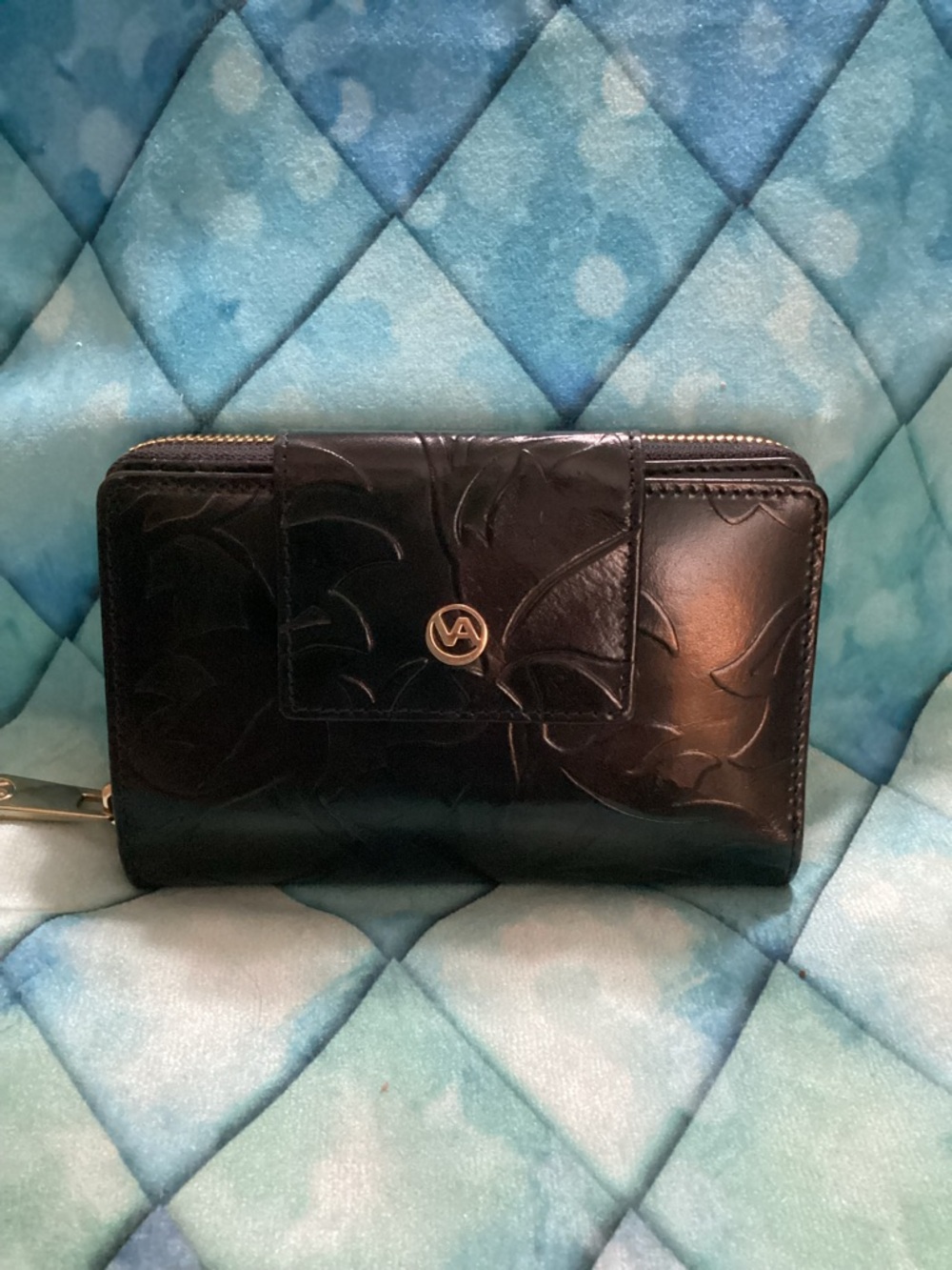 Valentina Black Embossed Leaf Zip-Around Wallet with Logo Snap